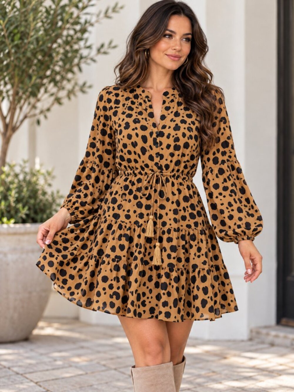 Aakaa Leopard Print Mini Dress – Size S – Balloon Sleeves